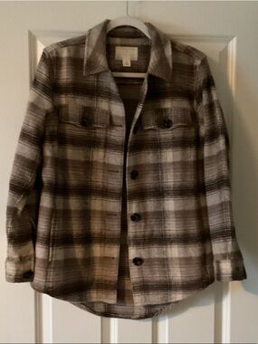 Caslon Plaid Button-Up Utility Shacket - Brown tones.